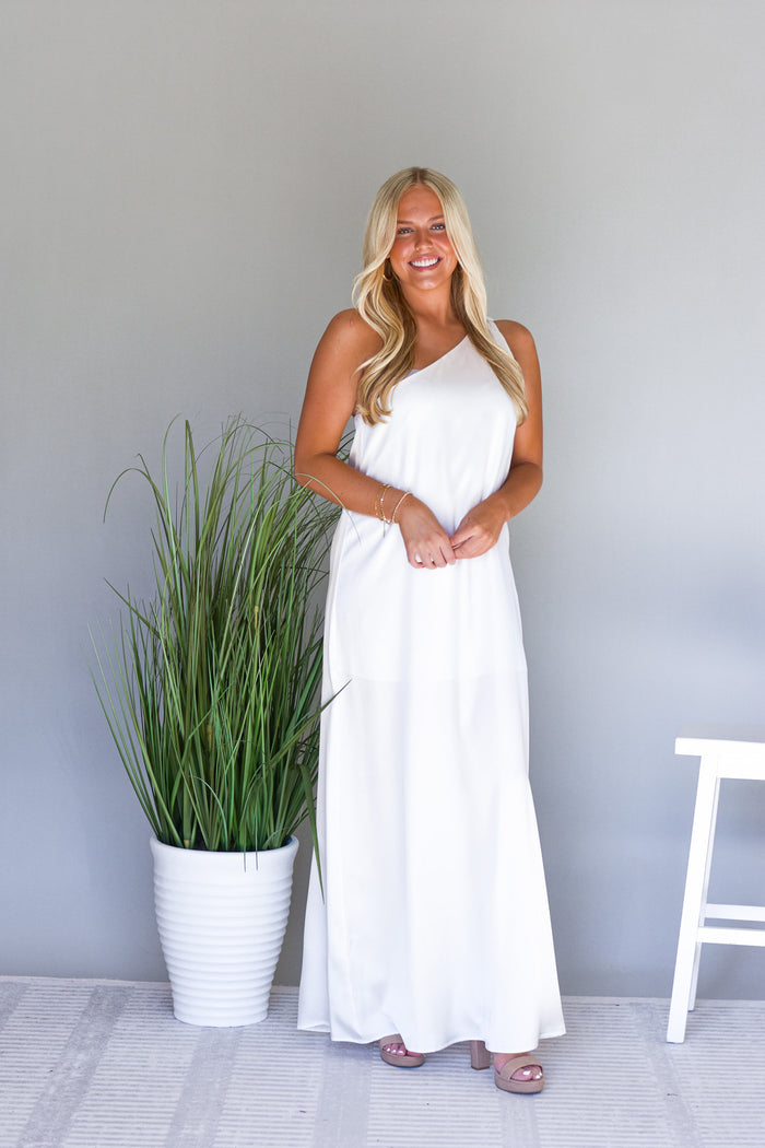 Fully satin white maxi dress with one shoulder tie detail 