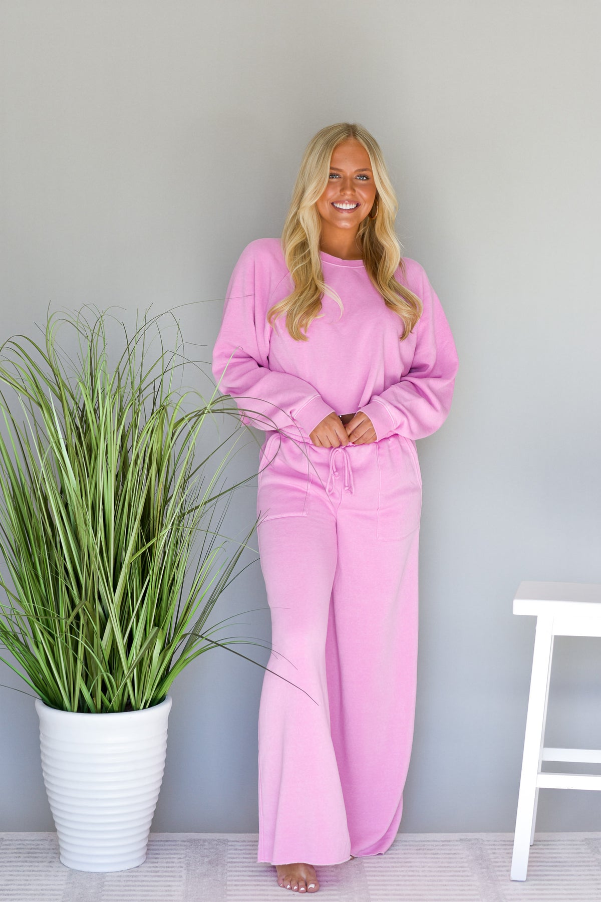 pink soft lounge set with wide leg pant and crop top