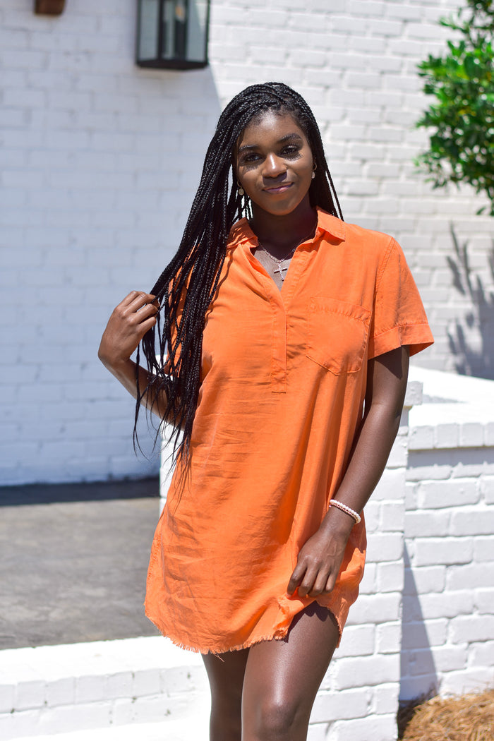 Washed Shirt Dress - Orange
