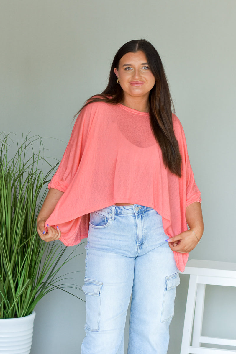 oversized flowy top with 3/4 length sleeves peach orange pink
