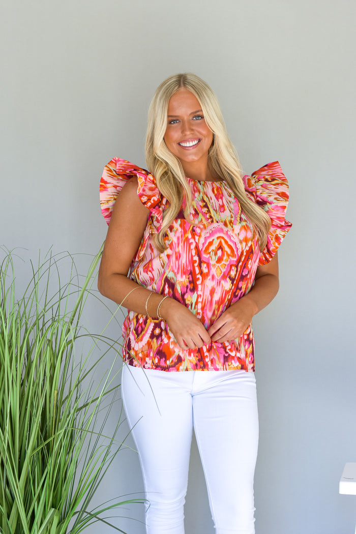 multicolor vibrant top with flutter sleeves