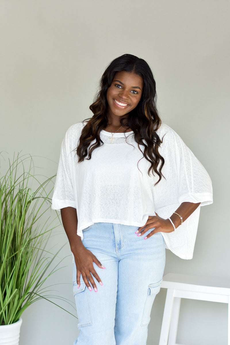 oversized flowy top with 3/4 length sleeves white