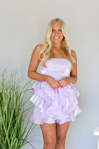 lilac purple lavender sleeveless satin dress with layered ruffles