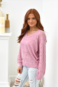 Heart Etched Sweater - Pink - Lavish Tuscaloosa